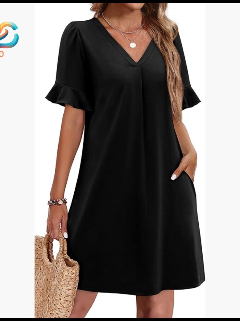 Short Sleeve V-Neck Shift Dress with Ruffles and Pockets
